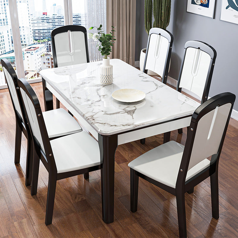 Traditional Style Marble Dining Set with White Fixed Table and 4 Black Legs Base 7 Piece Set Clearhalo 'Dining Room Sets' 'Dining Tables & Seating' 'dining_room_set' 'furn' 'furn_dining_room_set' 'Furniture' 'furniture_dining_room_set' 'Kitchen & Dining Furniture' 'kitchen&dining_furn' 'kitchen' 3473544
