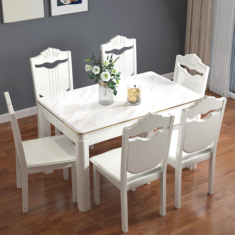 Victorian Style Marble Dining Set with White Fixed Table and 4 Legs Base for Home Use 7 Piece Set Clearhalo 'Dining Room Sets' 'Dining Tables & Seating' 'dining_room_set' 'furn' 'furn_dining_room_set' 'Furniture' 'furniture_dining_room_set' 'Kitchen & Dining Furniture' 'kitchen&dining_furn' 'kitchen' 3473663
