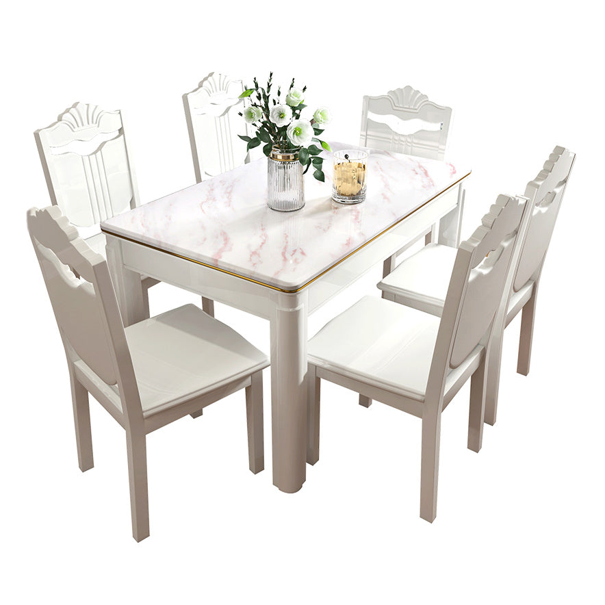 Victorian Style Marble Dining Set with White Fixed Table and 4 Legs Base for Home Use Clearhalo 'Dining Room Sets' 'Dining Tables & Seating' 'dining_room_set' 'furn' 'furn_dining_room_set' 'Furniture' 'furniture_dining_room_set' 'Kitchen & Dining Furniture' 'kitchen&dining_furn' 'kitchen' 3473666