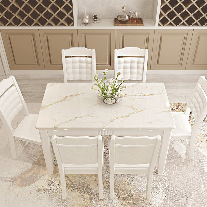 Contemporary Style Marble Dining Set with White Fixed Table and 4 Legs Base for Home Use Clearhalo 'Dining Room Sets' 'Dining Tables & Seating' 'dining_room_set' 'furn' 'furn_dining_room_set' 'Furniture' 'furniture_dining_room_set' 'Kitchen & Dining Furniture' 'kitchen&dining_furn' 'kitchen' 3473802