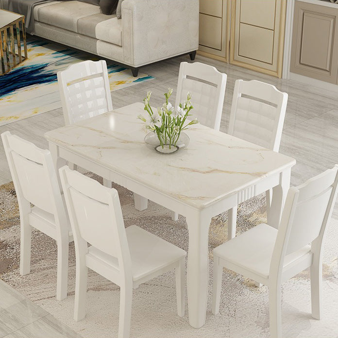 Contemporary Style Marble Dining Set with White Fixed Table and 4 Legs Base for Home Use Clearhalo 'Dining Room Sets' 'Dining Tables & Seating' 'dining_room_set' 'furn' 'furn_dining_room_set' 'Furniture' 'furniture_dining_room_set' 'Kitchen & Dining Furniture' 'kitchen&dining_furn' 'kitchen' 3473812