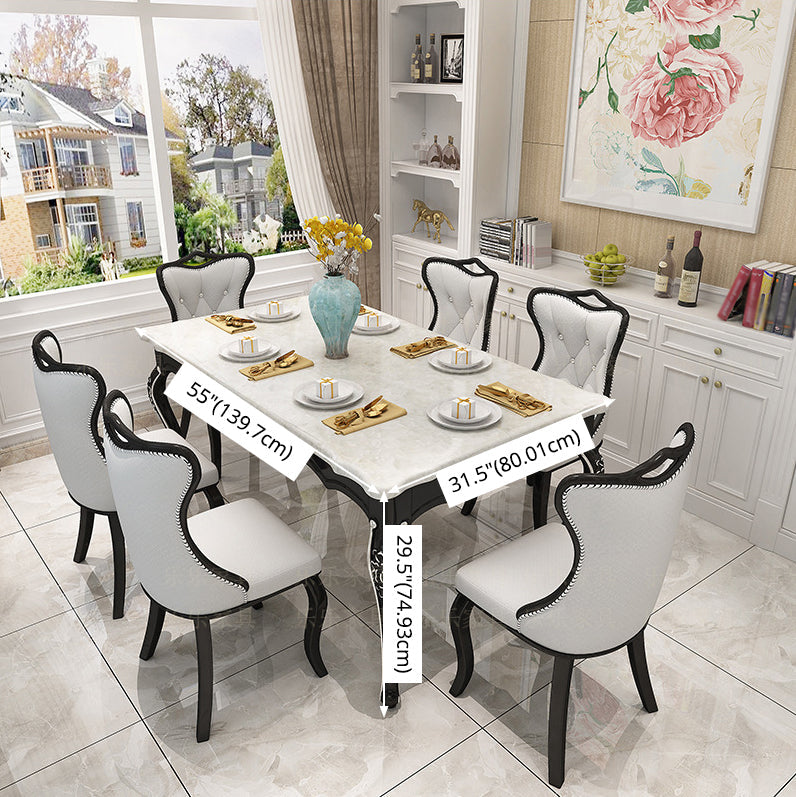 Victorian Style Marble Dining Set with White Rectangle Table and 4 Black Legs Base for Home Use Clearhalo 'Dining Room Sets' 'Dining Tables & Seating' 'dining_room_set' 'furn' 'furn_dining_room_set' 'Furniture' 'furniture_dining_room_set' 'Kitchen & Dining Furniture' 'kitchen&dining_furn' 'kitchen' 3473972