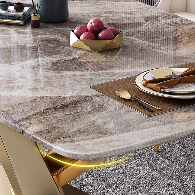 Modern Style Sintered Stone Dining Table with Standard Height Fixed Table and Gold Trestle Base Clearhalo 'Dining Room Sets' 'Dining Tables & Seating' 'dining_room_set' 'furn' 'furn_dining_room_set' 'Furniture' 'furniture_dining_room_set' 'Kitchen & Dining Furniture' 'kitchen&dining_furn' 'kitchen' 3474036