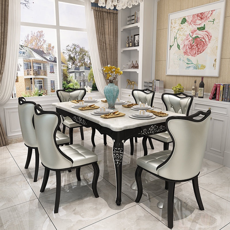 Victorian Style Marble Dining Set with White Table and 4 Black Legs Base for Home Use Silver 7 Piece Set Clearhalo 'Dining Room Sets' 'Dining Tables & Seating' 'dining_room_set' 'furn' 'furn_dining_room_set' 'Furniture' 'furniture_dining_room_set' 'Kitchen & Dining Furniture' 'kitchen&dining_furn' 'kitchen' 3474149