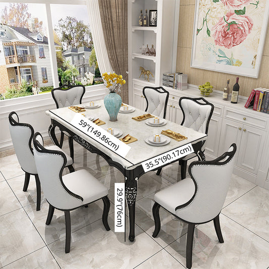 Victorian Style Marble Dining Set with White Table and 4 Black Legs Base for Home Use Clearhalo 'Dining Room Sets' 'Dining Tables & Seating' 'dining_room_set' 'furn' 'furn_dining_room_set' 'Furniture' 'furniture_dining_room_set' 'Kitchen & Dining Furniture' 'kitchen&dining_furn' 'kitchen' 3474157