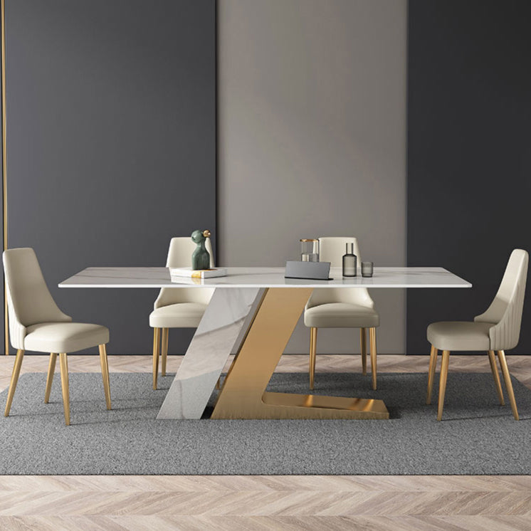 Modern Sintered Stone Table Set of 5 with Rectangle Table Dining Set with White PU Leather Chairs 5 Piece Set Clearhalo 'Dining Room Sets' 'Dining Tables & Seating' 'dining_room_set' 'furn' 'furn_dining_room_set' 'Furniture' 'furniture_dining_room_set' 'Kitchen & Dining Furniture' 'kitchen&dining_furn' 'kitchen' 3474498