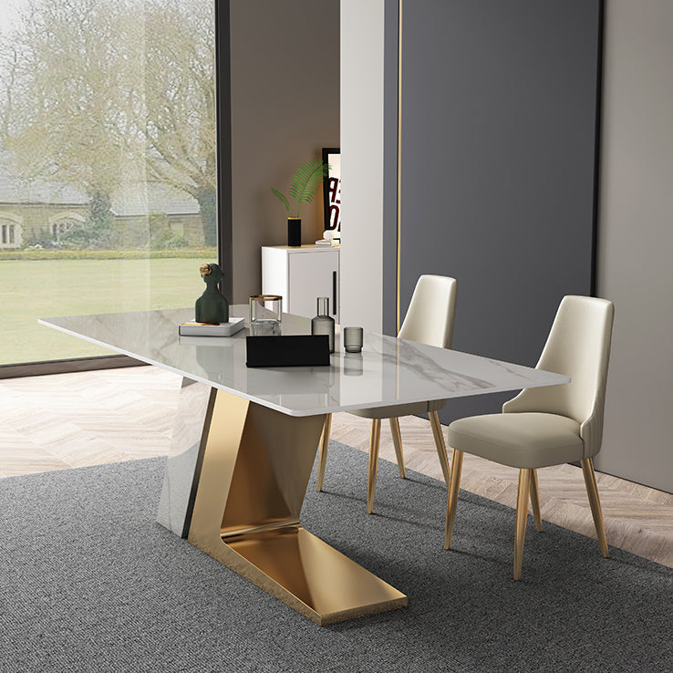 Modern Sintered Stone Table Set of 5 with Rectangle Table Dining Set with White PU Leather Chairs Clearhalo 'Dining Room Sets' 'Dining Tables & Seating' 'dining_room_set' 'furn' 'furn_dining_room_set' 'Furniture' 'furniture_dining_room_set' 'Kitchen & Dining Furniture' 'kitchen&dining_furn' 'kitchen' 3474500