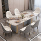 Modern Sintered Stone Table Set for 4/6 with Rectangle Table Dining Set with Gold Double Pedestal Clearhalo 'Dining Room Sets' 'Dining Tables & Seating' 'dining_room_set' 'furn' 'furn_dining_room_set' 'Furniture' 'furniture_dining_room_set' 'Kitchen & Dining Furniture' 'kitchen&dining_furn' 'kitchen' 3474715
