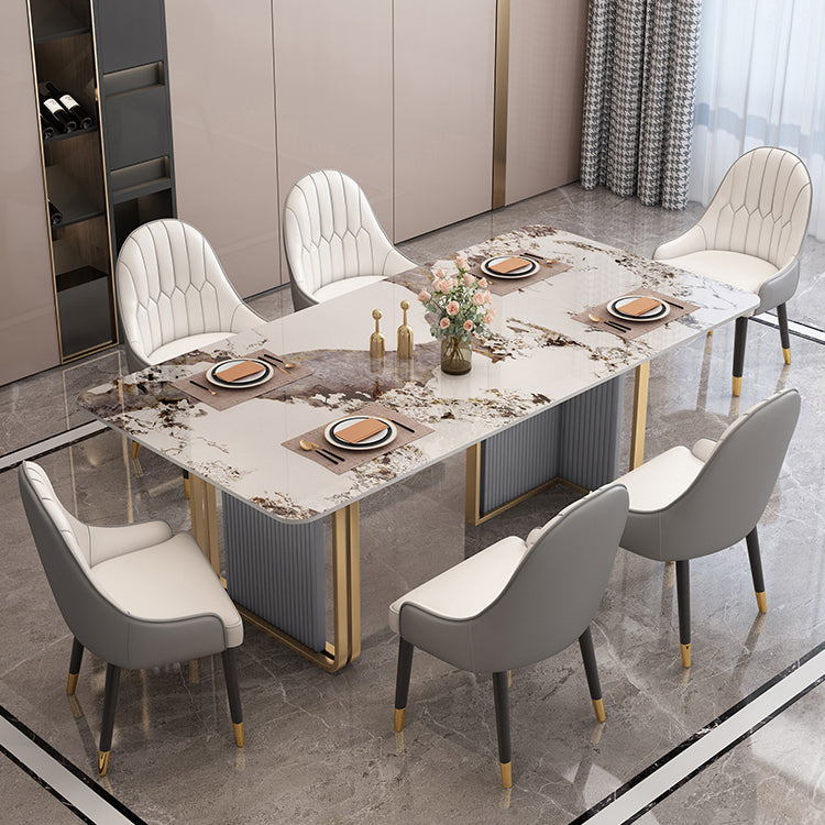 Modern Sintered Stone Table Set for 4/6 with Rectangle Table Dining Set with Gold Double Pedestal Clearhalo 'Dining Room Sets' 'Dining Tables & Seating' 'dining_room_set' 'furn' 'furn_dining_room_set' 'Furniture' 'furniture_dining_room_set' 'Kitchen & Dining Furniture' 'kitchen&dining_furn' 'kitchen' 3474715