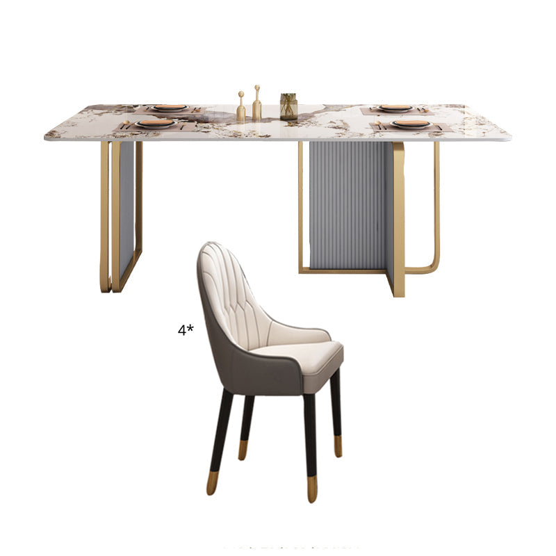 Modern Sintered Stone Table Set for 4/6 with Rectangle Table Dining Set with Gold Double Pedestal 5 Piece Set Clearhalo 'Dining Room Sets' 'Dining Tables & Seating' 'dining_room_set' 'furn' 'furn_dining_room_set' 'Furniture' 'furniture_dining_room_set' 'Kitchen & Dining Furniture' 'kitchen&dining_furn' 'kitchen' 3474716