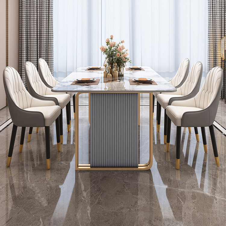 Modern Sintered Stone Table Set for 4/6 with Rectangle Table Dining Set with Gold Double Pedestal Clearhalo 'Dining Room Sets' 'Dining Tables & Seating' 'dining_room_set' 'furn' 'furn_dining_room_set' 'Furniture' 'furniture_dining_room_set' 'Kitchen & Dining Furniture' 'kitchen&dining_furn' 'kitchen' 3474718