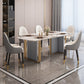 Modern Sintered Stone Table Set for 4/6 with Rectangle Table Dining Set with Gold Double Pedestal Clearhalo 'Dining Room Sets' 'Dining Tables & Seating' 'dining_room_set' 'furn' 'furn_dining_room_set' 'Furniture' 'furniture_dining_room_set' 'Kitchen & Dining Furniture' 'kitchen&dining_furn' 'kitchen' 3474719