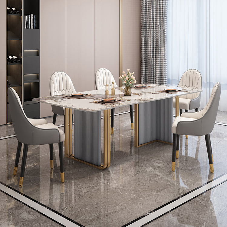 Modern Sintered Stone Table Set for 4/6 with Rectangle Table Dining Set with Gold Double Pedestal Clearhalo 'Dining Room Sets' 'Dining Tables & Seating' 'dining_room_set' 'furn' 'furn_dining_room_set' 'Furniture' 'furniture_dining_room_set' 'Kitchen & Dining Furniture' 'kitchen&dining_furn' 'kitchen' 3474719