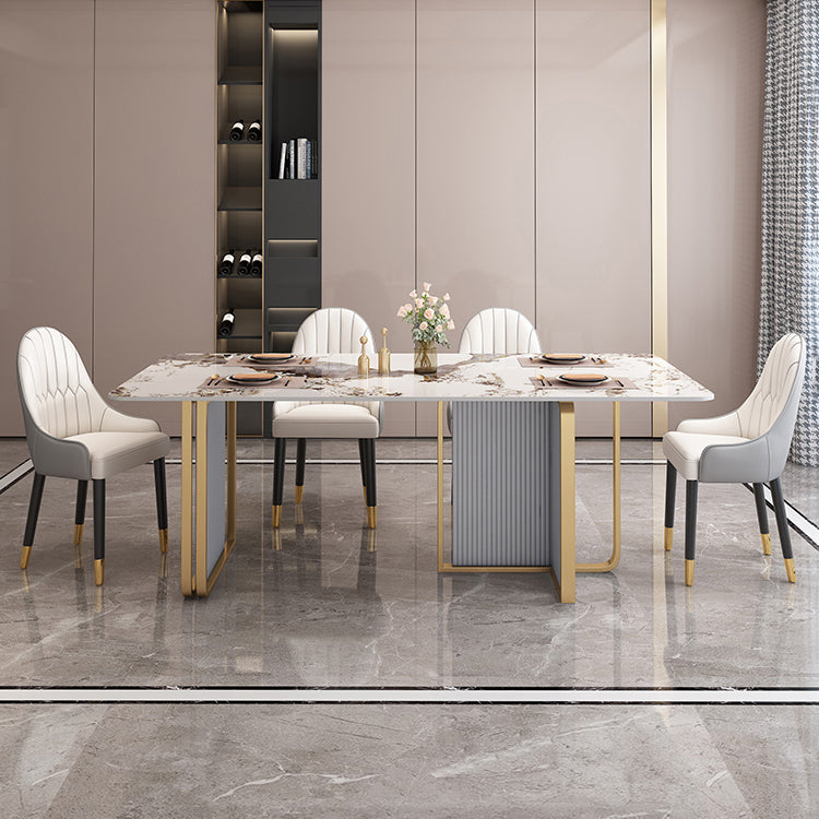 Modern Sintered Stone Table Set for 4/6 with Rectangle Table Dining Set with Gold Double Pedestal Clearhalo 'Dining Room Sets' 'Dining Tables & Seating' 'dining_room_set' 'furn' 'furn_dining_room_set' 'Furniture' 'furniture_dining_room_set' 'Kitchen & Dining Furniture' 'kitchen&dining_furn' 'kitchen' 3474720