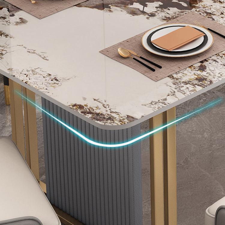 Modern Sintered Stone Table Set for 4/6 with Rectangle Table Dining Set with Gold Double Pedestal Clearhalo 'Dining Room Sets' 'Dining Tables & Seating' 'dining_room_set' 'furn' 'furn_dining_room_set' 'Furniture' 'furniture_dining_room_set' 'Kitchen & Dining Furniture' 'kitchen&dining_furn' 'kitchen' 3474722