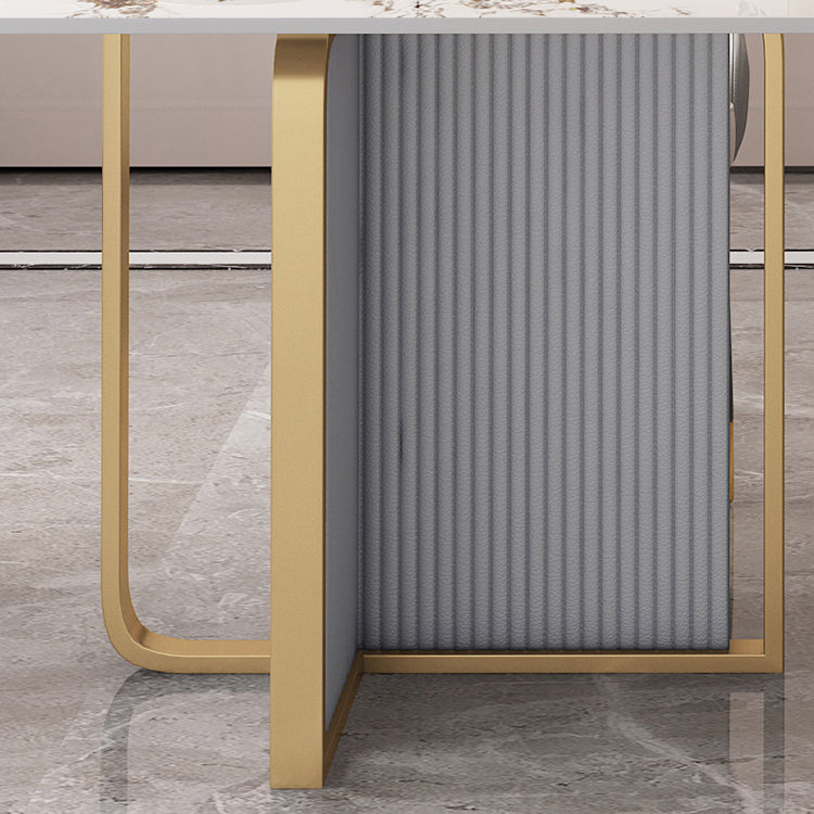 Modern Sintered Stone Table Set for 4/6 with Rectangle Table Dining Set with Gold Double Pedestal Clearhalo 'Dining Room Sets' 'Dining Tables & Seating' 'dining_room_set' 'furn' 'furn_dining_room_set' 'Furniture' 'furniture_dining_room_set' 'Kitchen & Dining Furniture' 'kitchen&dining_furn' 'kitchen' 3474723