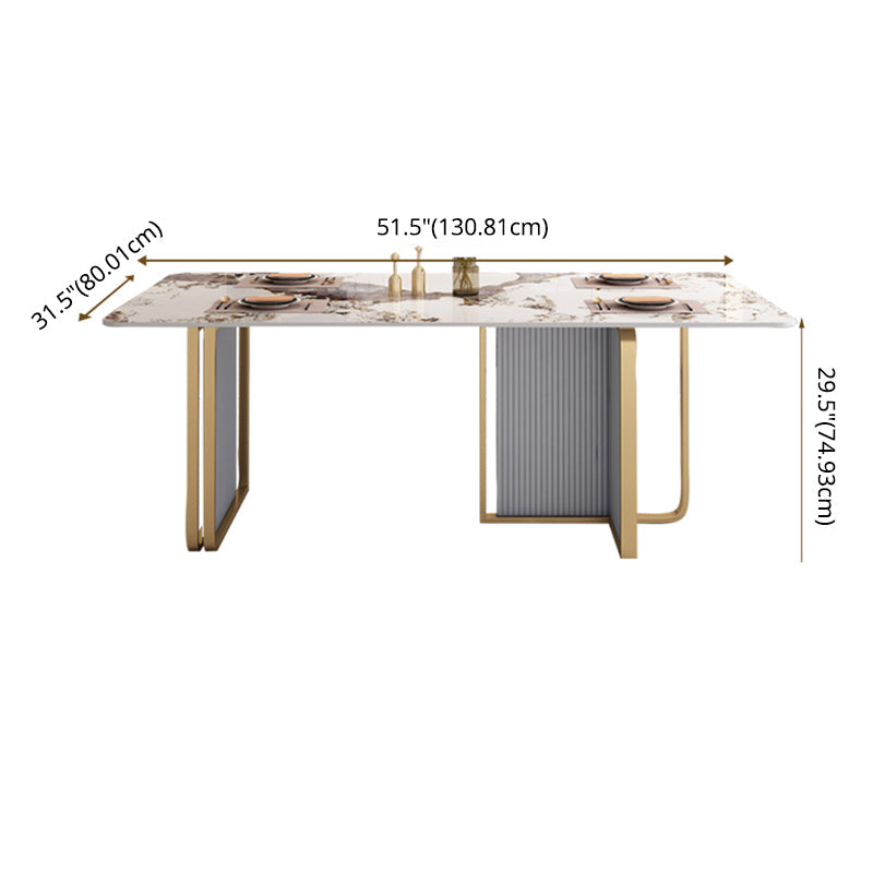 Modern Sintered Stone Table Set for 4/6 with Rectangle Table Dining Set with Gold Double Pedestal Clearhalo 'Dining Room Sets' 'Dining Tables & Seating' 'dining_room_set' 'furn' 'furn_dining_room_set' 'Furniture' 'furniture_dining_room_set' 'Kitchen & Dining Furniture' 'kitchen&dining_furn' 'kitchen' 3474727