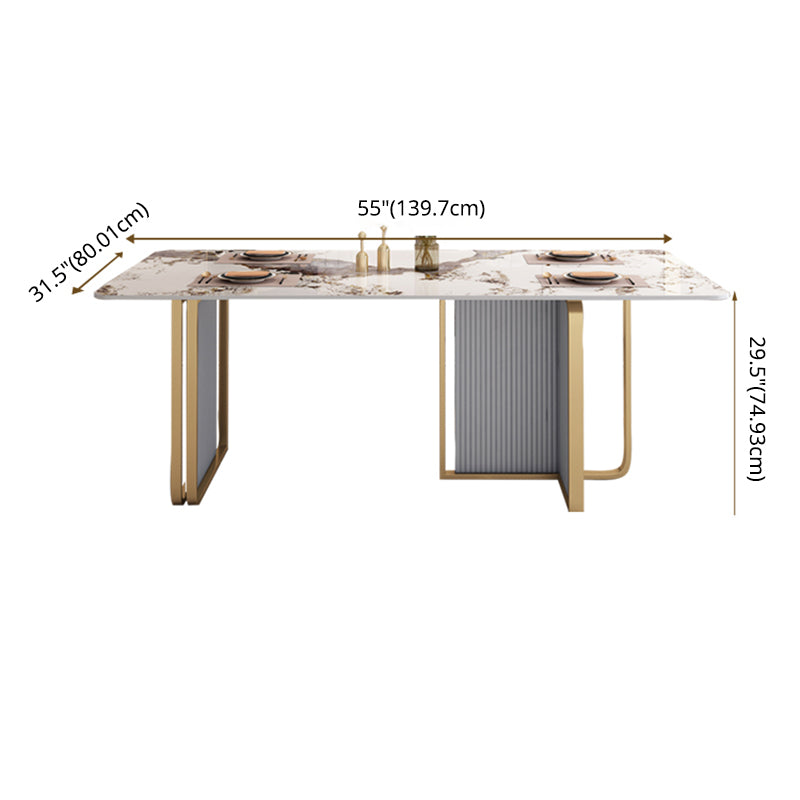 Modern Sintered Stone Table Set for 4/6 with Rectangle Table Dining Set with Gold Double Pedestal Clearhalo 'Dining Room Sets' 'Dining Tables & Seating' 'dining_room_set' 'furn' 'furn_dining_room_set' 'Furniture' 'furniture_dining_room_set' 'Kitchen & Dining Furniture' 'kitchen&dining_furn' 'kitchen' 3474728