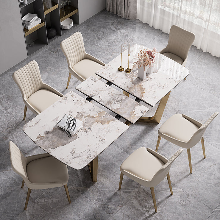 Modern Rectangle Shape Kitchen Dining Set Extendable Sintered Stone Top Dining Set with Trestle Base 7 Piece Set Clearhalo 'Dining Room Sets' 'Dining Tables & Seating' 'dining_room_set' 'furn' 'furn_dining_room_set' 'Furniture' 'furniture_dining_room_set' 'Kitchen & Dining Furniture' 'kitchen&dining_furn' 'kitchen' 3474868