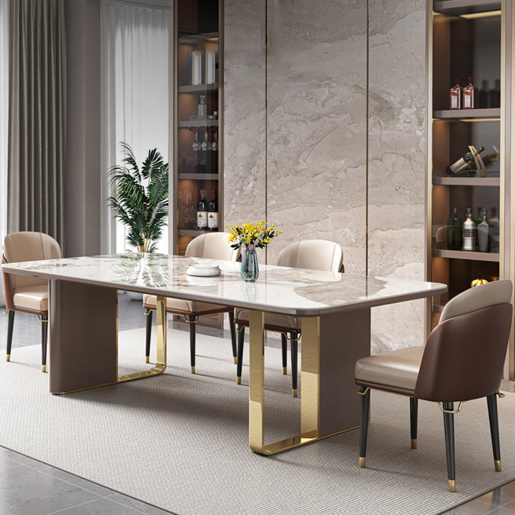 Modern Sintered Stone Table Set of 5/7 with Rectangle Table Dining Set with Gold Double Pedestal 5 Piece Set Clearhalo 'Dining Room Sets' 'Dining Tables & Seating' 'dining_room_set' 'furn' 'furn_dining_room_set' 'Furniture' 'furniture_dining_room_set' 'Kitchen & Dining Furniture' 'kitchen&dining_furn' 'kitchen' 3475016