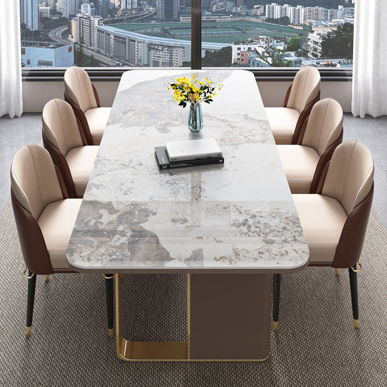 Modern Sintered Stone Table Set of 5/7 with Rectangle Table Dining Set with Gold Double Pedestal 7 Piece Set Clearhalo 'Dining Room Sets' 'Dining Tables & Seating' 'dining_room_set' 'furn' 'furn_dining_room_set' 'Furniture' 'furniture_dining_room_set' 'Kitchen & Dining Furniture' 'kitchen&dining_furn' 'kitchen' 3475017