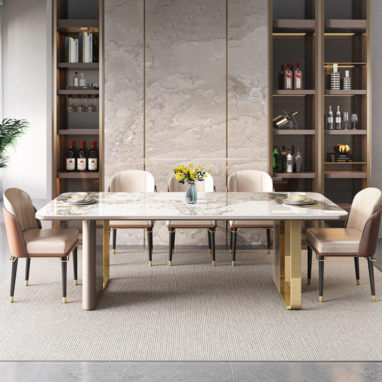 Modern Sintered Stone Table Set of 5/7 with Rectangle Table Dining Set with Gold Double Pedestal Clearhalo 'Dining Room Sets' 'Dining Tables & Seating' 'dining_room_set' 'furn' 'furn_dining_room_set' 'Furniture' 'furniture_dining_room_set' 'Kitchen & Dining Furniture' 'kitchen&dining_furn' 'kitchen' 3475018
