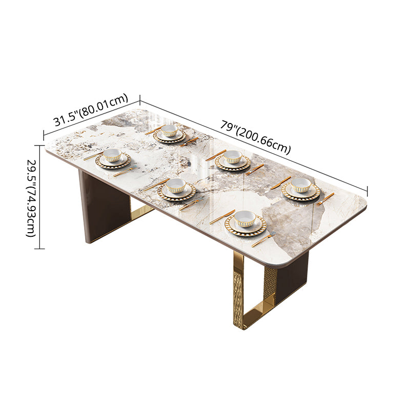 Modern Sintered Stone Table Set of 5/7 with Rectangle Table Dining Set with Gold Double Pedestal Clearhalo 'Dining Room Sets' 'Dining Tables & Seating' 'dining_room_set' 'furn' 'furn_dining_room_set' 'Furniture' 'furniture_dining_room_set' 'Kitchen & Dining Furniture' 'kitchen&dining_furn' 'kitchen' 3475024