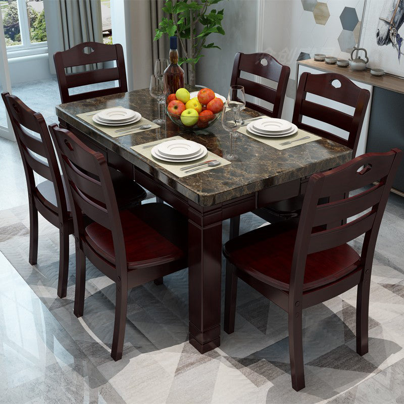 Modern Style Marble Dining Table Set Rectangular Dining Table with Solid Wood Base Brown 7 Piece Set Clearhalo 'Dining Room Sets' 'Dining Tables & Seating' 'dining_room_set' 'furn' 'furn_dining_room_set' 'Furniture' 'furniture_dining_room_set' 'Kitchen & Dining Furniture' 'kitchen&dining_furn' 'kitchen' 3475101