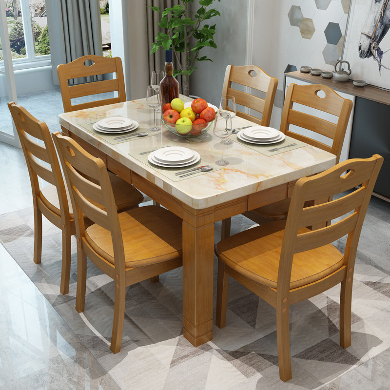 Modern Style Marble Dining Table Set Rectangular Dining Table with Solid Wood Base Tan 7 Piece Set Clearhalo 'Dining Room Sets' 'Dining Tables & Seating' 'dining_room_set' 'furn' 'furn_dining_room_set' 'Furniture' 'furniture_dining_room_set' 'Kitchen & Dining Furniture' 'kitchen&dining_furn' 'kitchen' 3475102