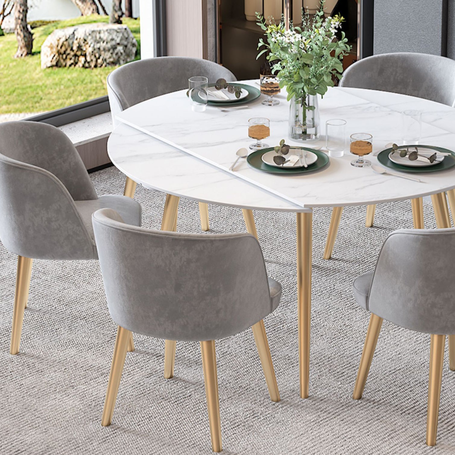 Scandinavian Sintered Stone Top Dining Set Round Table Dining Furniture with Drop Leaf Clearhalo 'Dining Room Sets' 'Dining Tables & Seating' 'dining_room_set' 'furn' 'furn_dining_room_set' 'Furniture' 'furniture_dining_room_set' 'Kitchen & Dining Furniture' 'kitchen&dining_furn' 'kitchen' 3485305
