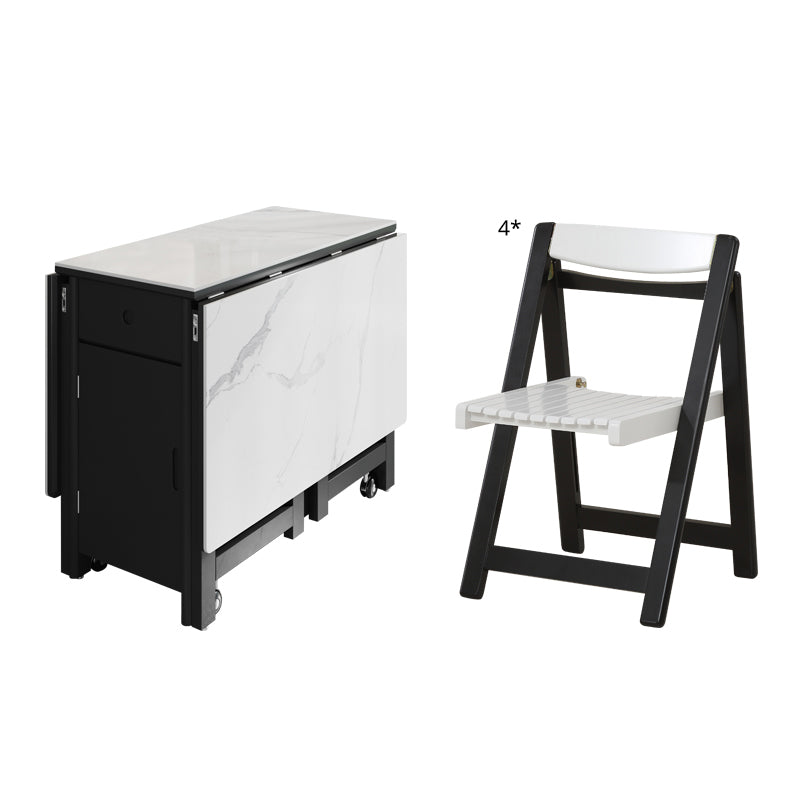 Contemporary Style Sintered Stone Dining Table with White Removable Leaf and Trestle Base Black 5 Piece Set Clearhalo 'Dining Room Sets' 'Dining Tables & Seating' 'dining_room_set' 'furn' 'furn_dining_room_set' 'Furniture' 'furniture_dining_room_set' 'Kitchen & Dining Furniture' 'kitchen&dining_furn' 'kitchen' 3485513