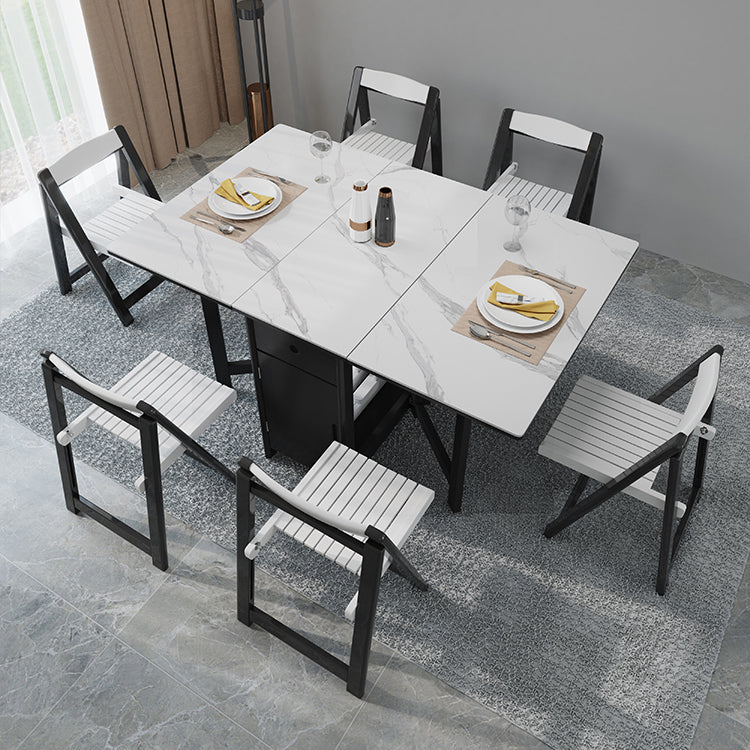 Contemporary Style Sintered Stone Dining Table with White Removable Leaf and Trestle Base Clearhalo 'Dining Room Sets' 'Dining Tables & Seating' 'dining_room_set' 'furn' 'furn_dining_room_set' 'Furniture' 'furniture_dining_room_set' 'Kitchen & Dining Furniture' 'kitchen&dining_furn' 'kitchen' 3485514