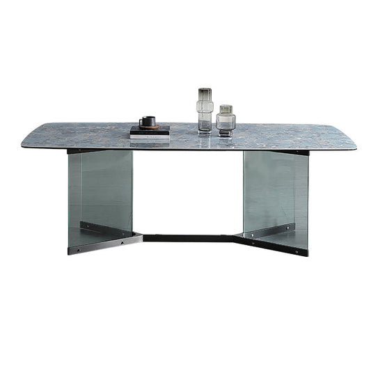 Blue Rectangle Sintered Stone Dining Table for 4/6 with Glass Base Dining Set for Restaurant Clearhalo 'Dining Room Sets' 'Dining Tables & Seating' 'dining_room_set' 'furn' 'furn_dining_room_set' 'Furniture' 'furniture_dining_room_set' 'Kitchen & Dining Furniture' 'kitchen&dining_furn' 'kitchen' 3485692