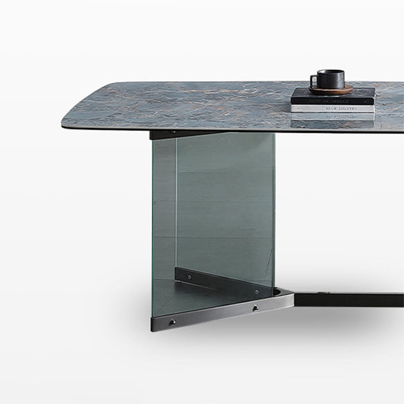 Blue Rectangle Sintered Stone Dining Table for 4/6 with Glass Base Dining Set for Restaurant Clearhalo 'Dining Room Sets' 'Dining Tables & Seating' 'dining_room_set' 'furn' 'furn_dining_room_set' 'Furniture' 'furniture_dining_room_set' 'Kitchen & Dining Furniture' 'kitchen&dining_furn' 'kitchen' 3485694