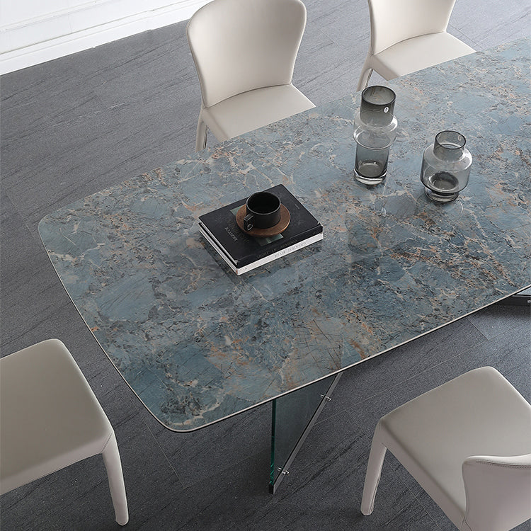 Blue Rectangle Sintered Stone Dining Table for 4/6 with Glass Base Dining Set for Restaurant Clearhalo 'Dining Room Sets' 'Dining Tables & Seating' 'dining_room_set' 'furn' 'furn_dining_room_set' 'Furniture' 'furniture_dining_room_set' 'Kitchen & Dining Furniture' 'kitchen&dining_furn' 'kitchen' 3485695