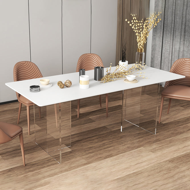 Minimalist Rectangle Shape White Dining Set Sintered Stone Kitchen Dining Set with Double Pedestal Clearhalo 'Dining Room Sets' 'Dining Tables & Seating' 'dining_room_set' 'furn' 'furn_dining_room_set' 'Furniture' 'furniture_dining_room_set' 'Kitchen & Dining Furniture' 'kitchen&dining_furn' 'kitchen' 3485863