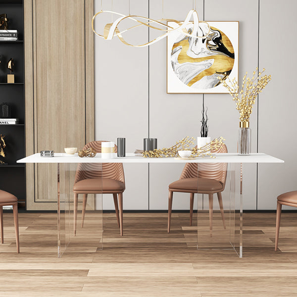 Minimalist Rectangle Shape White Dining Set Sintered Stone Kitchen Dining Set with Double Pedestal Clearhalo 'Dining Room Sets' 'Dining Tables & Seating' 'dining_room_set' 'furn' 'furn_dining_room_set' 'Furniture' 'furniture_dining_room_set' 'Kitchen & Dining Furniture' 'kitchen&dining_furn' 'kitchen' 3485864