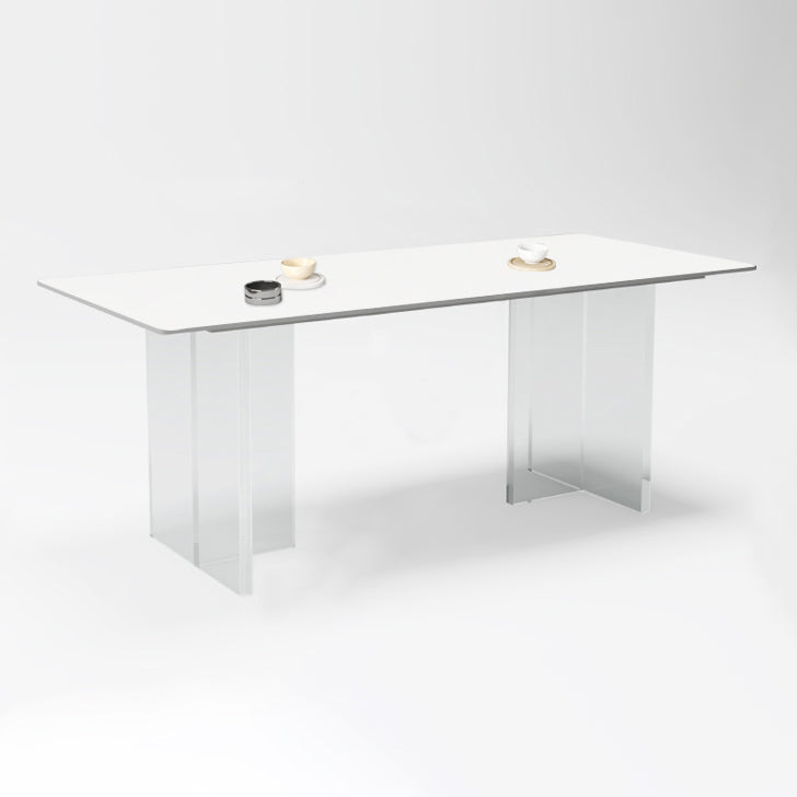 Minimalist Rectangle Shape White Dining Set Sintered Stone Kitchen Dining Set with Double Pedestal Clearhalo 'Dining Room Sets' 'Dining Tables & Seating' 'dining_room_set' 'furn' 'furn_dining_room_set' 'Furniture' 'furniture_dining_room_set' 'Kitchen & Dining Furniture' 'kitchen&dining_furn' 'kitchen' 3485867