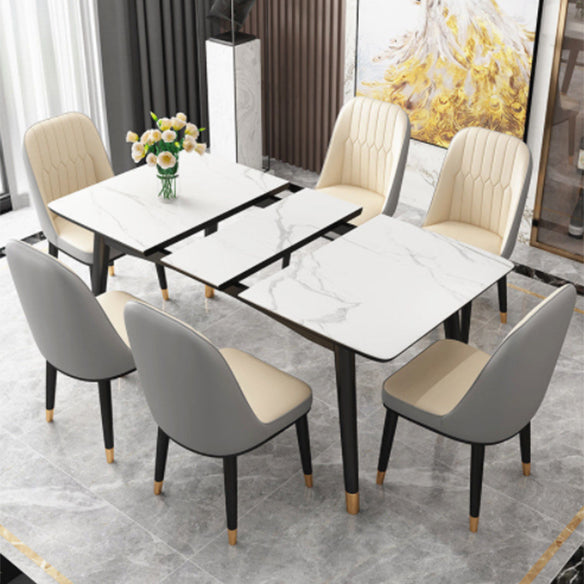 Contemporary Rectangle Dinette Set Sintered Stone Top Dining Table Furniture with Removable Leaf 7 Piece Set Clearhalo 'Dining Room Sets' 'Dining Tables & Seating' 'dining_room_set' 'furn' 'furn_dining_room_set' 'Furniture' 'furniture_dining_room_set' 'Kitchen & Dining Furniture' 'kitchen&dining_furn' 'kitchen' 3491340