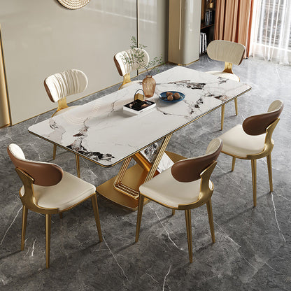 Modern Style Sintered Stone Dining Table with White Fixed Table and Trestle Base for Home Use 51.2"L x 31.5"W x 29.5"H 7 Piece Set Clearhalo 'Dining Room Sets' 'Dining Tables & Seating' 'dining_room_set' 'furn' 'furn_dining_room_set' 'Furniture' 'furniture_dining_room_set' 'Kitchen & Dining Furniture' 'kitchen&dining_furn' 'kitchen' 3491350
