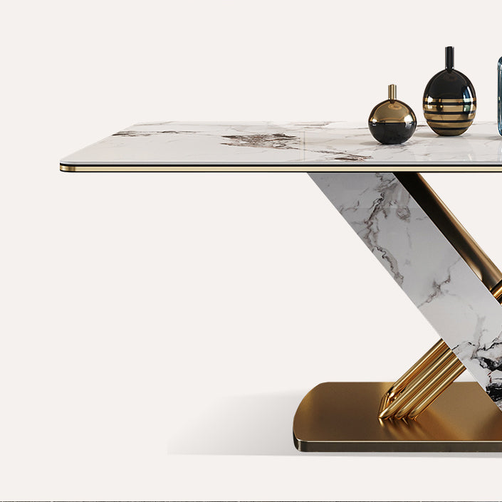 Modern Style Sintered Stone Dining Table with White Fixed Table and Trestle Base for Home Use Clearhalo 'Dining Room Sets' 'Dining Tables & Seating' 'dining_room_set' 'furn' 'furn_dining_room_set' 'Furniture' 'furniture_dining_room_set' 'Kitchen & Dining Furniture' 'kitchen&dining_furn' 'kitchen' 3491356