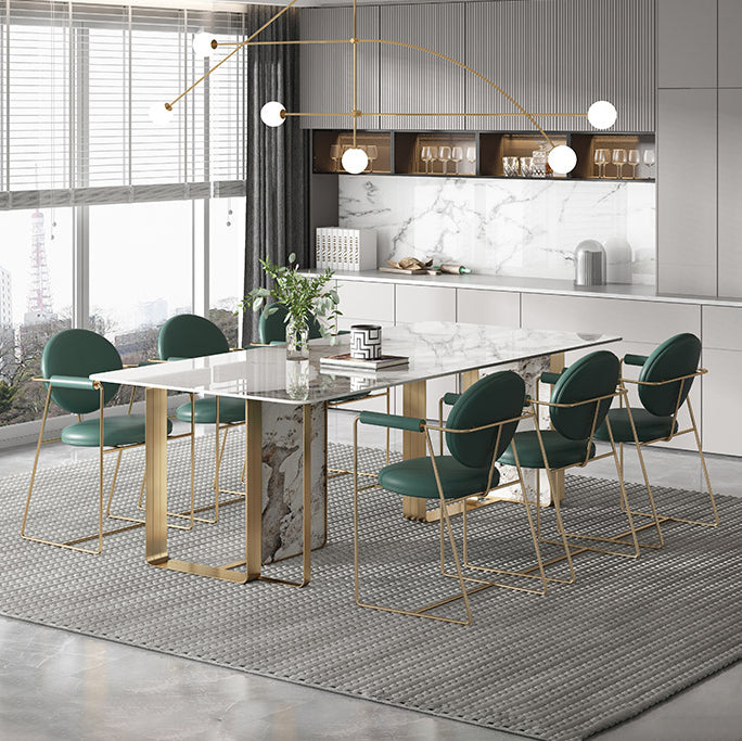 Contemporary Style Sintered Stone Dining Table with White Fixed Table and Double Pedestal Base Clearhalo 'Dining Room Sets' 'Dining Tables & Seating' 'dining_room_set' 'furn' 'furn_dining_room_set' 'Furniture' 'furniture_dining_room_set' 'Kitchen & Dining Furniture' 'kitchen&dining_furn' 'kitchen' 3491393