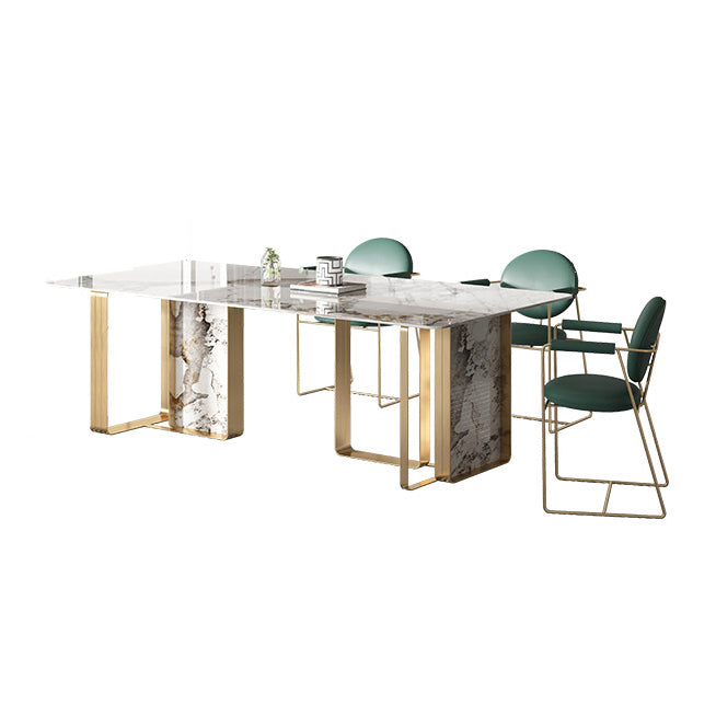 Contemporary Style Sintered Stone Dining Table with White Fixed Table and Double Pedestal Base Clearhalo 'Dining Room Sets' 'Dining Tables & Seating' 'dining_room_set' 'furn' 'furn_dining_room_set' 'Furniture' 'furniture_dining_room_set' 'Kitchen & Dining Furniture' 'kitchen&dining_furn' 'kitchen' 3491395