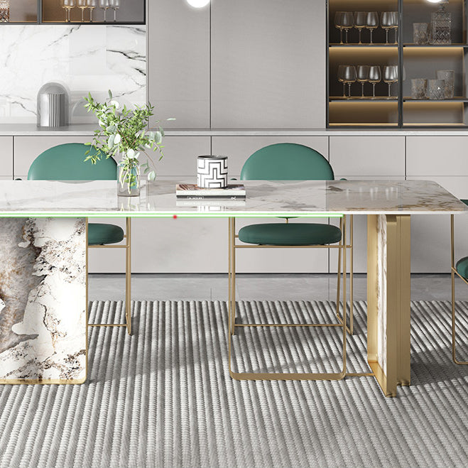 Contemporary Style Sintered Stone Dining Table with White Fixed Table and Double Pedestal Base Clearhalo 'Dining Room Sets' 'Dining Tables & Seating' 'dining_room_set' 'furn' 'furn_dining_room_set' 'Furniture' 'furniture_dining_room_set' 'Kitchen & Dining Furniture' 'kitchen&dining_furn' 'kitchen' 3491397