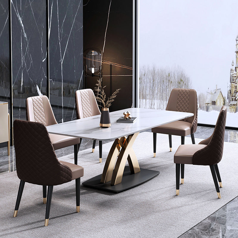 Contemporary Style Sintered Stone Dining Table with White Fixed Table and Gold Trestle Base 6 Piece Set Clearhalo 'Dining Room Sets' 'Dining Tables & Seating' 'dining_room_set' 'furn' 'furn_dining_room_set' 'Furniture' 'furniture_dining_room_set' 'Kitchen & Dining Furniture' 'kitchen&dining_furn' 'kitchen' 3491444
