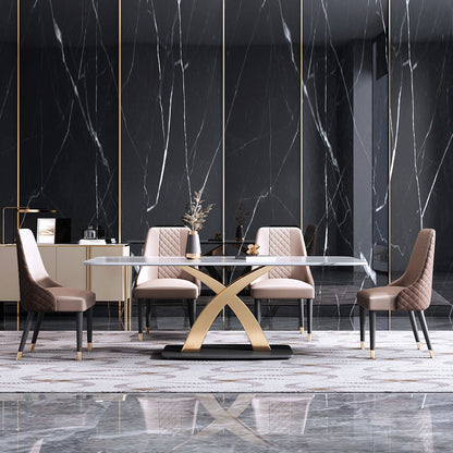 Contemporary Style Sintered Stone Dining Table with White Fixed Table and Gold Trestle Base 5 Piece Set Clearhalo 'Dining Room Sets' 'Dining Tables & Seating' 'dining_room_set' 'furn' 'furn_dining_room_set' 'Furniture' 'furniture_dining_room_set' 'Kitchen & Dining Furniture' 'kitchen&dining_furn' 'kitchen' 3491445