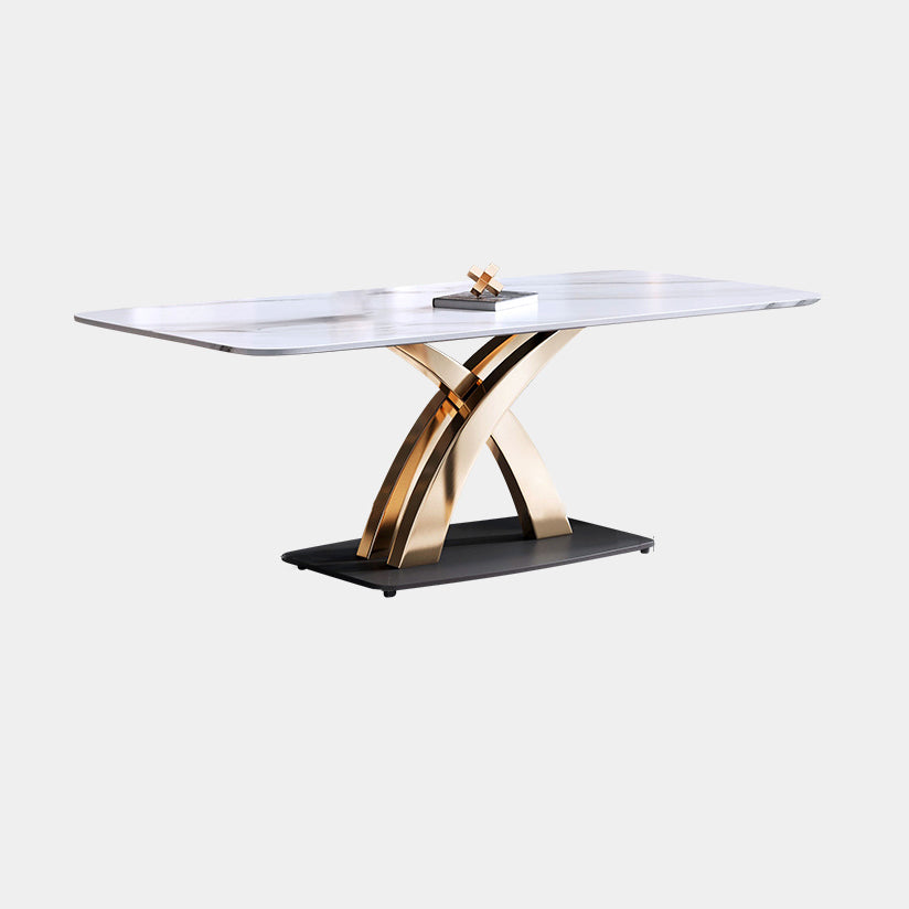 Contemporary Style Sintered Stone Dining Table with White Fixed Table and Gold Trestle Base Clearhalo 'Dining Room Sets' 'Dining Tables & Seating' 'dining_room_set' 'furn' 'furn_dining_room_set' 'Furniture' 'furniture_dining_room_set' 'Kitchen & Dining Furniture' 'kitchen&dining_furn' 'kitchen' 3491447