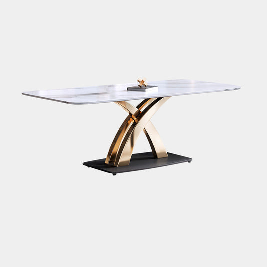 Contemporary Style Sintered Stone Dining Table with White Fixed Table and Gold Trestle Base Clearhalo 'Dining Room Sets' 'Dining Tables & Seating' 'dining_room_set' 'furn' 'furn_dining_room_set' 'Furniture' 'furniture_dining_room_set' 'Kitchen & Dining Furniture' 'kitchen&dining_furn' 'kitchen' 3491447