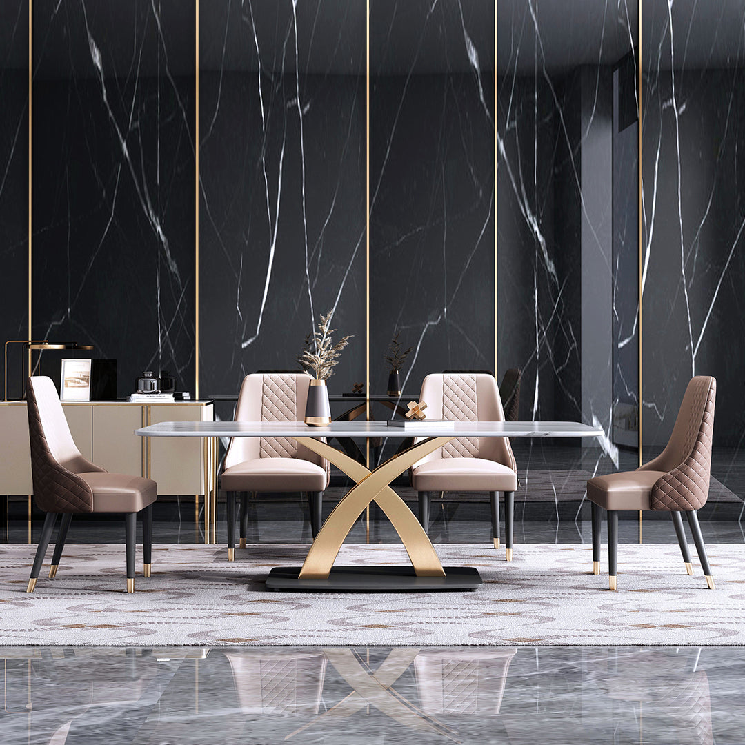 Contemporary Style Sintered Stone Dining Table with White Fixed Table and Gold Trestle Base Clearhalo 'Dining Room Sets' 'Dining Tables & Seating' 'dining_room_set' 'furn' 'furn_dining_room_set' 'Furniture' 'furniture_dining_room_set' 'Kitchen & Dining Furniture' 'kitchen&dining_furn' 'kitchen' 3491455