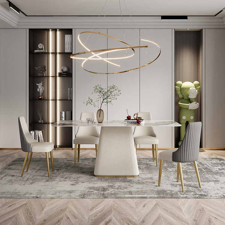 Contemporary Style Sintered Stone Dining Table with White Fixed Table and Pedestal Base Clearhalo 'Dining Room Sets' 'Dining Tables & Seating' 'dining_room_set' 'furn' 'furn_dining_room_set' 'Furniture' 'furniture_dining_room_set' 'Kitchen & Dining Furniture' 'kitchen&dining_furn' 'kitchen' 3491456